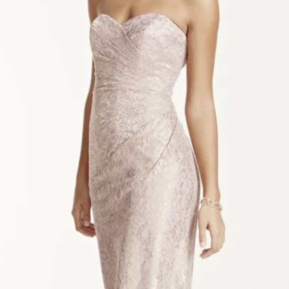 David’s Bridal Rose Gold METALLIC Strapless Maxi Lace Dress NWT
